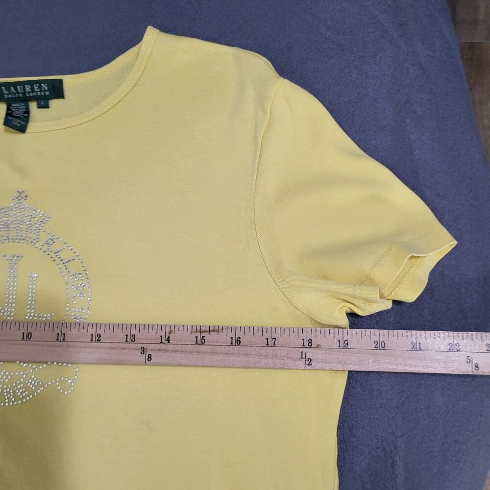 LAUREN RALPH LAUREN Women's LG Pastel Yellow Rhinestone Logo T Shirt Y2K - Picture 9 of 10